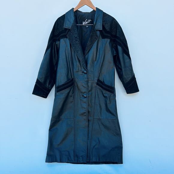 Vintage 80s Black Leather Trench Coat Long Western Cowboy Patterned Suede Medium